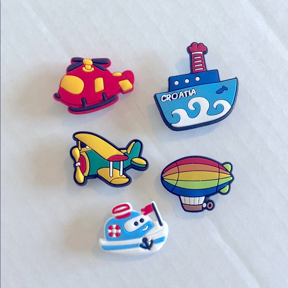 Crocs Set of 5 Jibbitz Transportation Charms 
Helicopter, 2 boat, plane, blimp